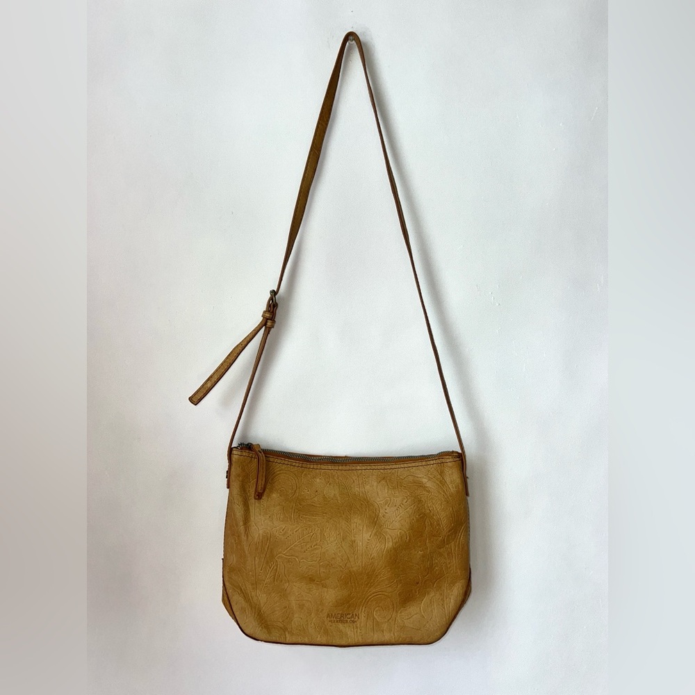 American‎ Leather Co. Tan Leather Crossbody Bag Embossed Floral Design